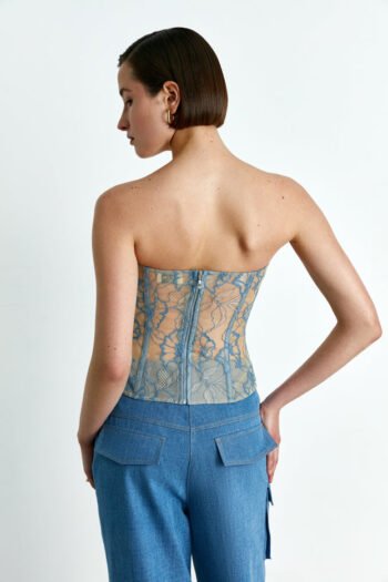 Satin bustier lace corset top blue womencorset.com