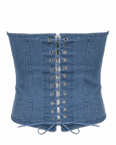 Denim Corsets Bustiers Strapless Blue Overbust Corset Top womencorset.com
