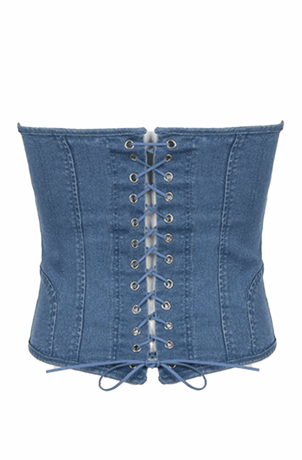 Denim Corsets Bustiers Strapless Blue Overbust Corset Top womencorset.com