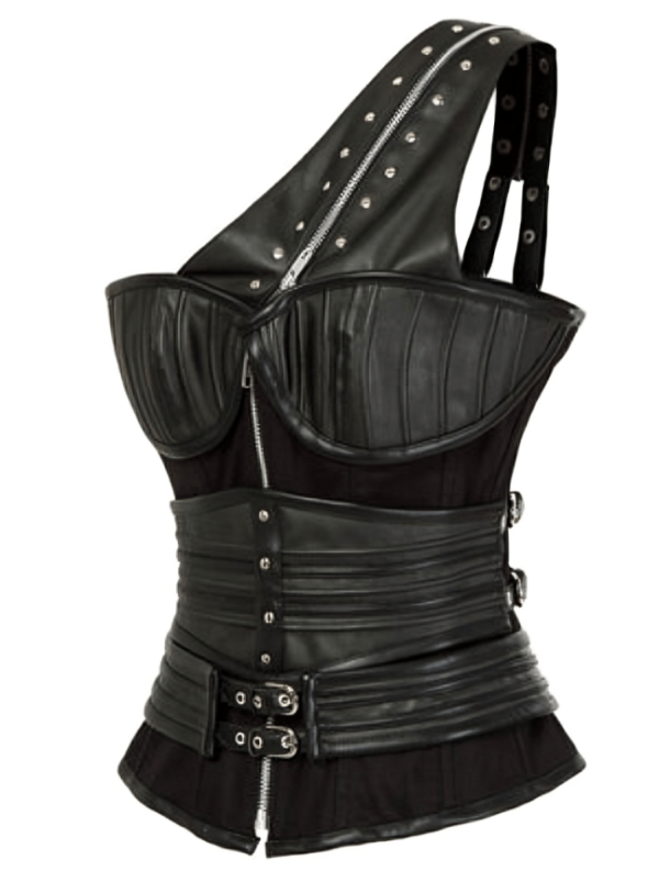 Faux leather One Shoulder Heavy steel boned Corset womencorset.com