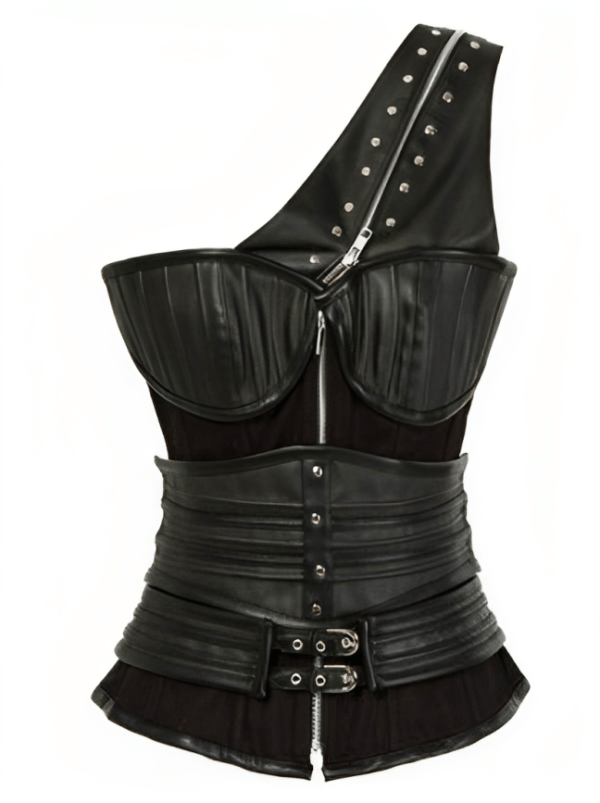 Faux leather One Shoulder Heavy steel boned Corset womencorset.com