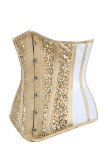 Gold sequin with mesh paneled underbust corset womencorset.com