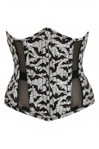 Mesh Paneled Bat Print Gothic Corset womencorset.com