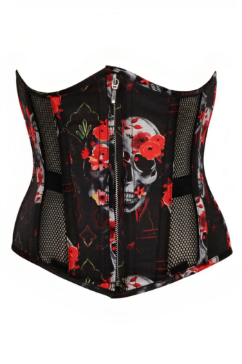 SKULL PRINT MESH PANELLED CORSET , Mesh skull print underbust corset womencorset.com