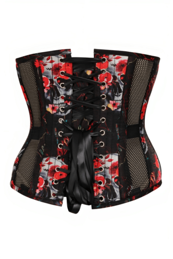 SKULL PRINT MESH PANELLED CORSET , Mesh skull print underbust corset womencorset.com