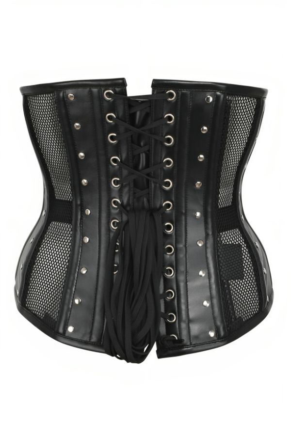 Black mesh & leather front zip underbust corset womencorset.com