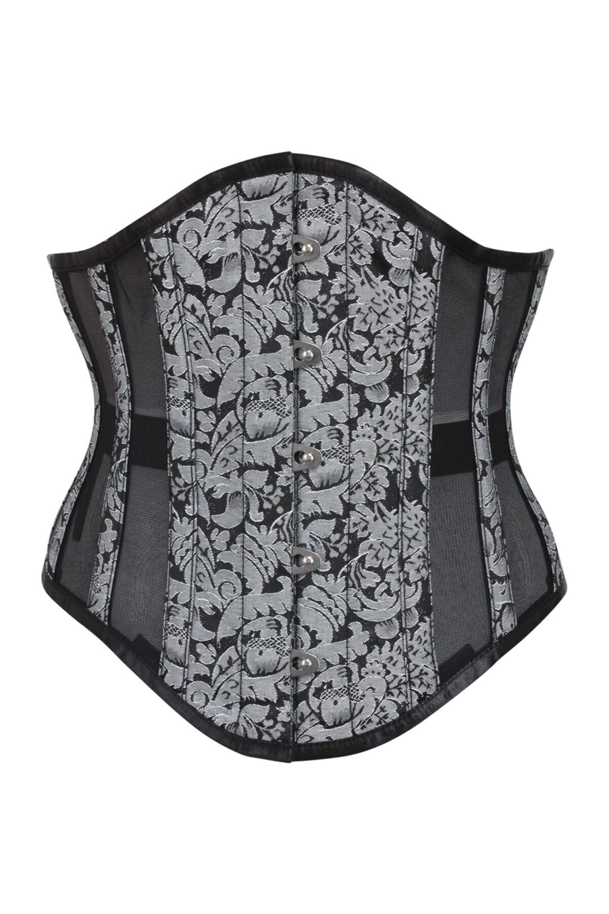 Mesh Paneled Silver Brocade Underbust Corset , Half brocade waist trainer womencorset.com