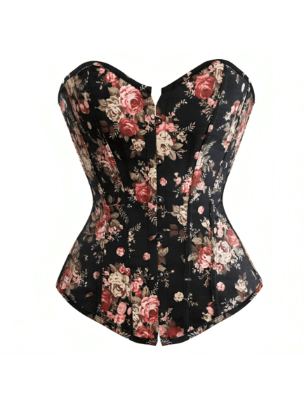 Strapless Floral Print Denim Overbust Corset womencorset.com