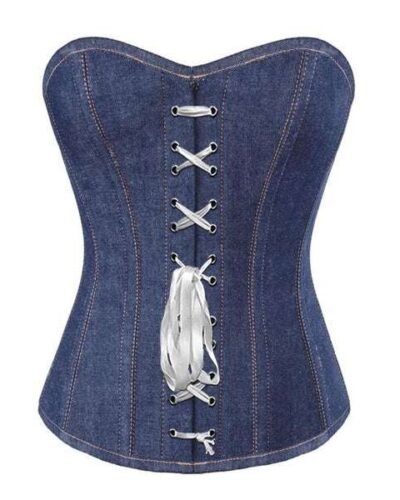 Strapless Denim Over bust Long line Corset Antique Clasps Seal Lock womencorset.com
