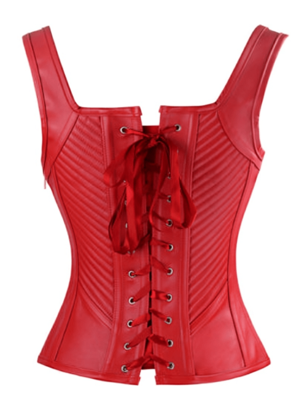 Red Faux Leather Square Neck Boned Bustier Corset womencorset.com