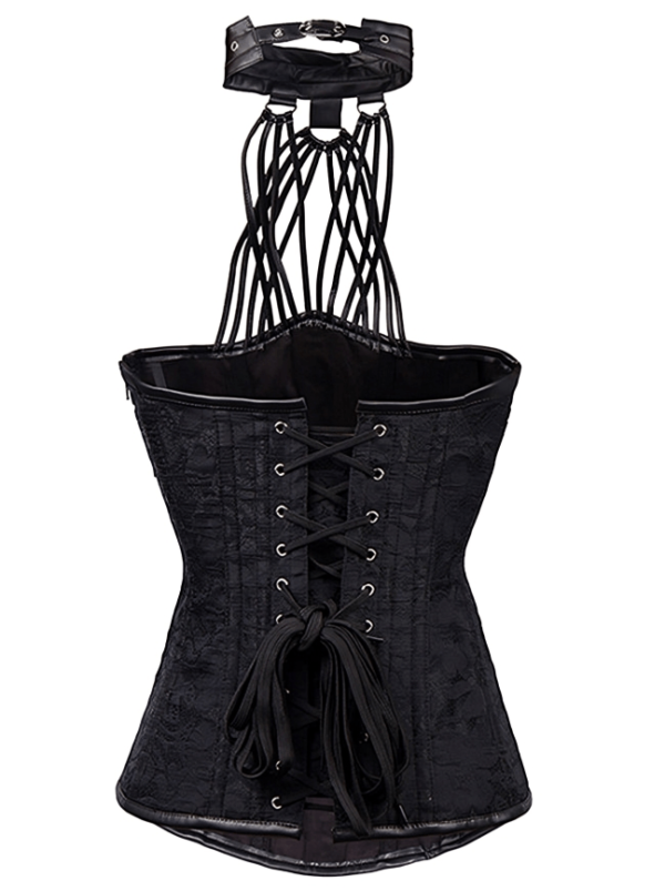 Faux Leather Halter Neck Brocade Black Underbust Corset womencorset.om