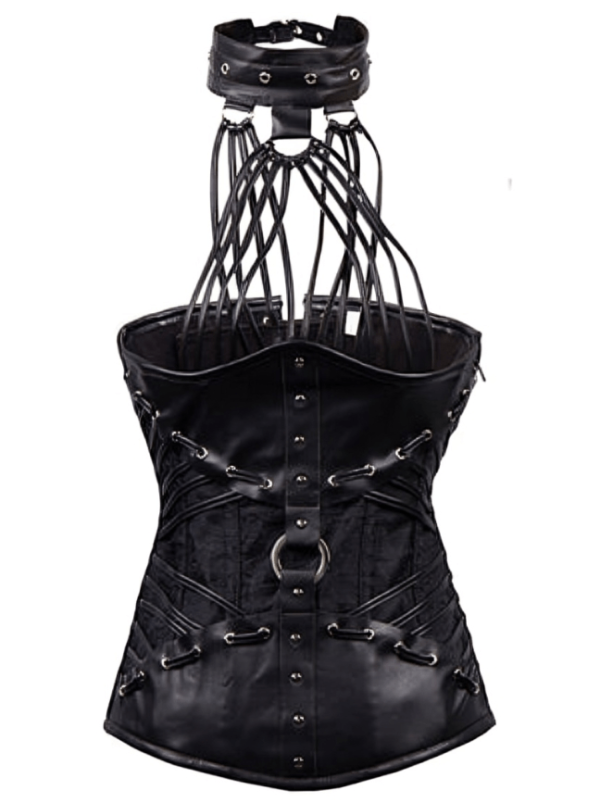 Faux Leather Halter Neck Brocade Black Underbust Corset womencorset.com