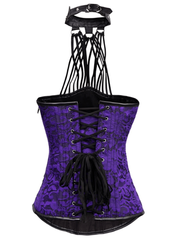 Faux Leather Halter Neck Brocade Purple Underbust Corset womencorset.com