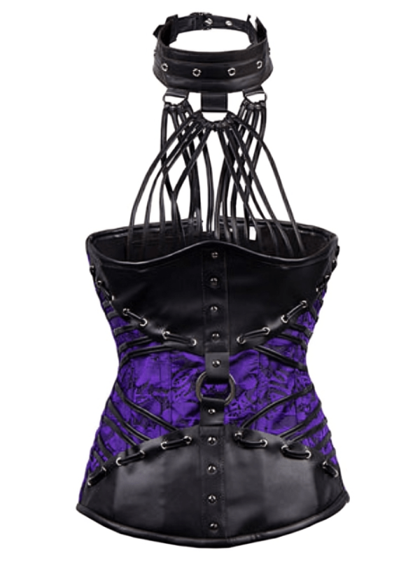 Faux Leather Halter Neck Brocade Purple Underbust Corset womencorset.com