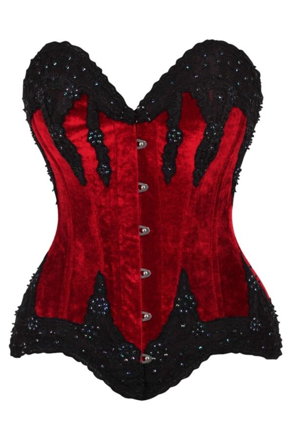 Overbust Corset Dark Red Velvet & Beaded womencorset.com