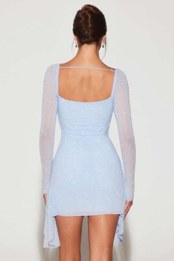 Fancy Corset Long Sleeve Embellished Cowl Neck Mini Dress in Blue womencorset.com