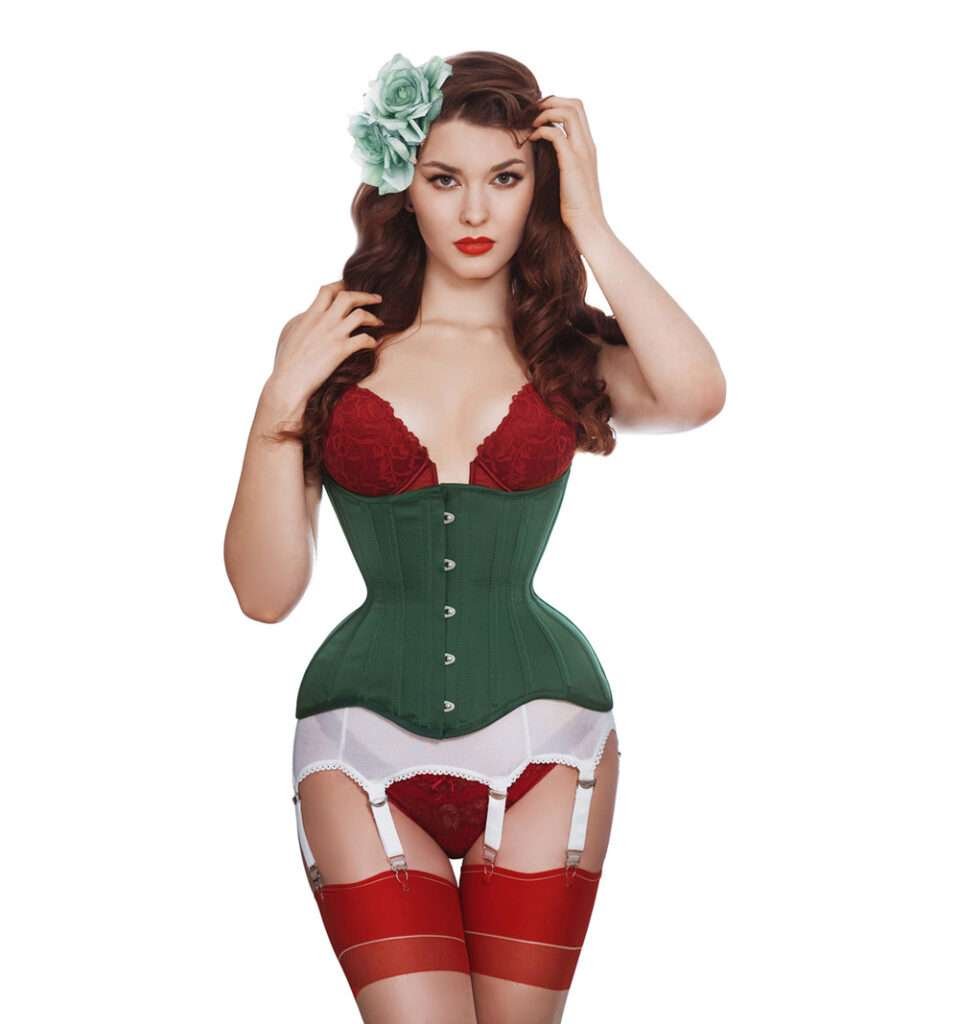 Satin Curvy Corset in green womencorset.com