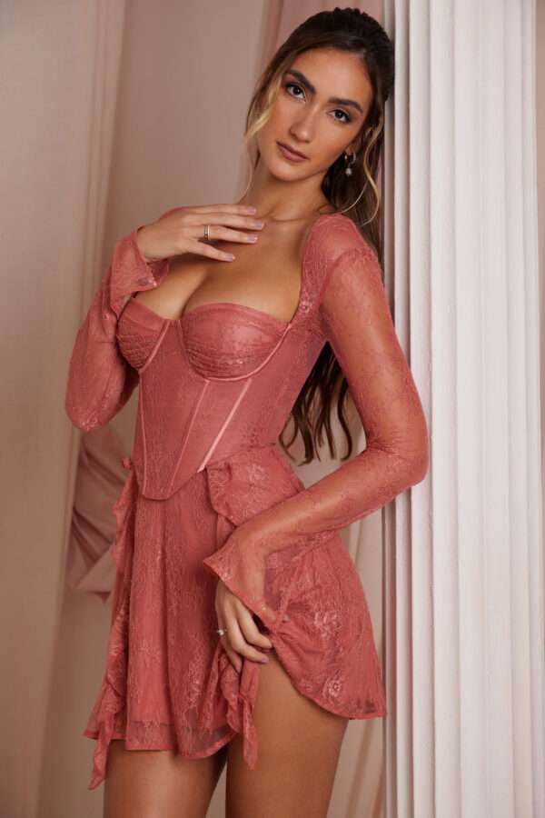 Terracotta Long Sleeve Lace Fancy Mini Corset Dress womencorset.ccom