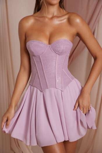 Pink Fancy Strapless Lace Mini Corset Dress womencorset.com