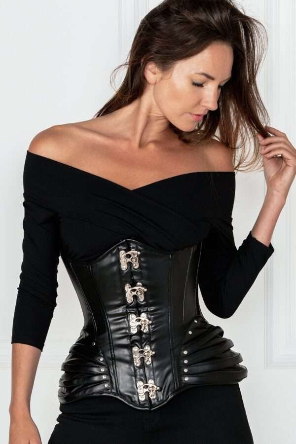 Black PVC Underbust corset with swing hook closure womencorset.com