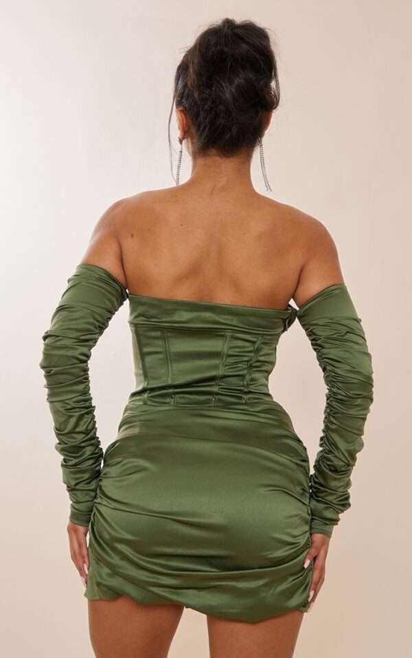 Dark Sage Satin bustier Ruched Sleeve Bodycon corset Dress womencorset.com