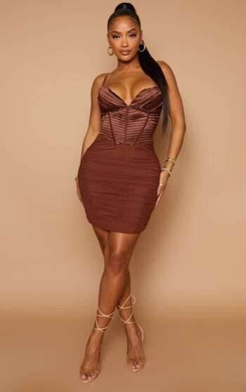 Satin Bustier Chocolate Pleat Detail bustier Bodycon Corset Dress womencorset.com