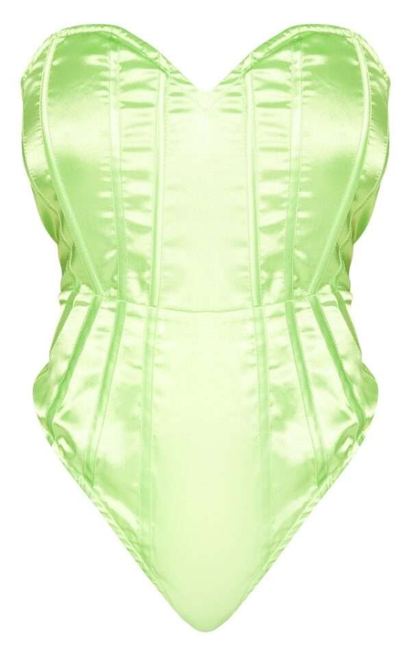 Neon Lime Satin Bustier Bandeau Corset Bodysuit womencorset.com