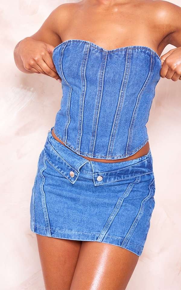 Strapless Denim Hook and Eye Corset Top woemcnorset.com