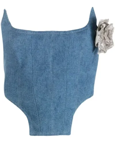 Strapless Denim corset floral-applique top womencorset.com