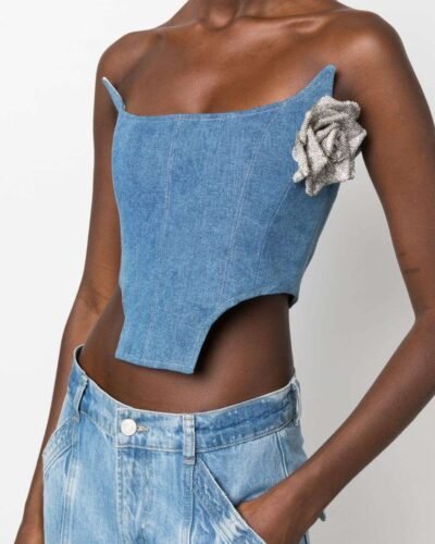 Strapless Denim corset floral-applique top womencorset.com