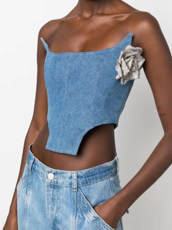 Strapless Denim corset floral-applique top womencorset.com