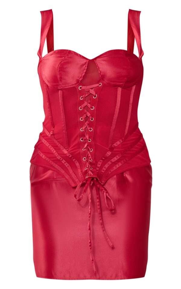 Red Satin Bustier Eyelet Front Lace Up Detail Bodycon corset Dress womencorset.com