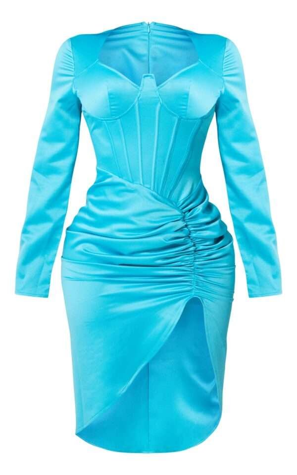 Satin Bustier Detail Long Sleeve Ruched Midi Corset Dress womencorset.com