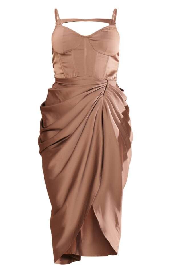 Satin bustier dress mocha detail midi corset gown womencorset.com