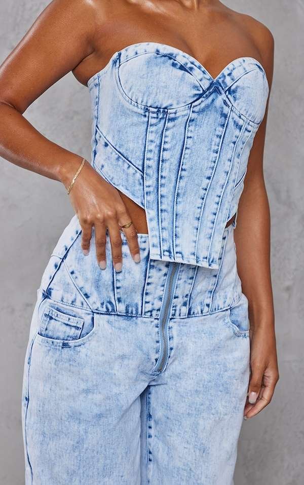 Acid Wash Seam Detail Strapless Denim Corset Top womencorset.com