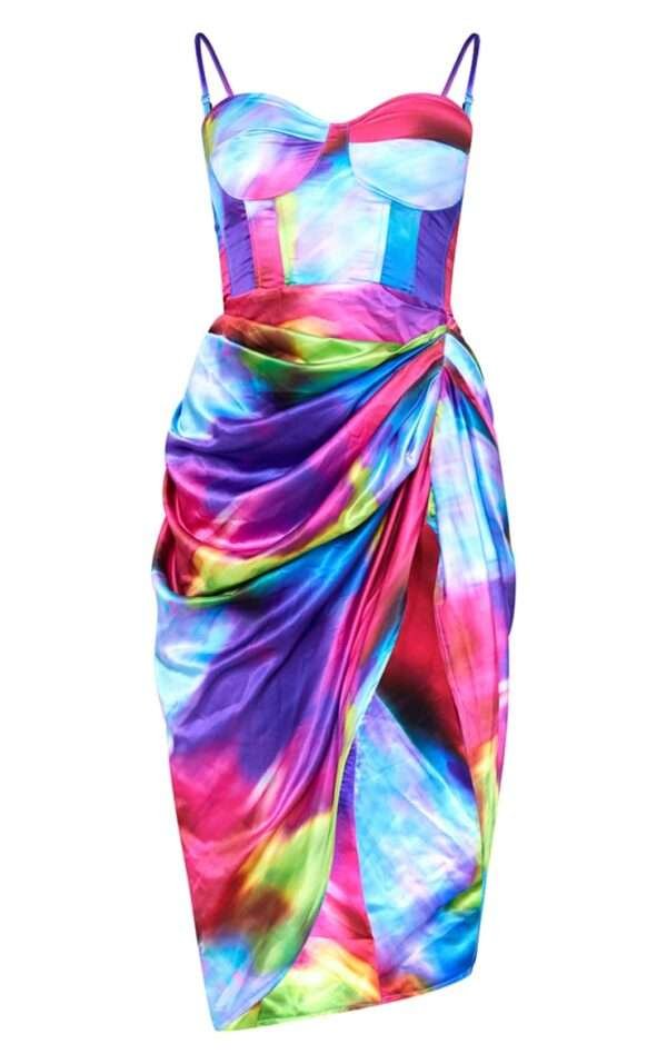 Satin bustier multi print ruched corset maxi dresswomencorset.com