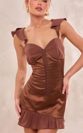 Choclate satin bustier Mesh Frill Detail Mini Corset Dress womencorset.com