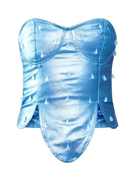 Blue Beaded Metallic Coated strapless Denim Corset Top womencorset.com