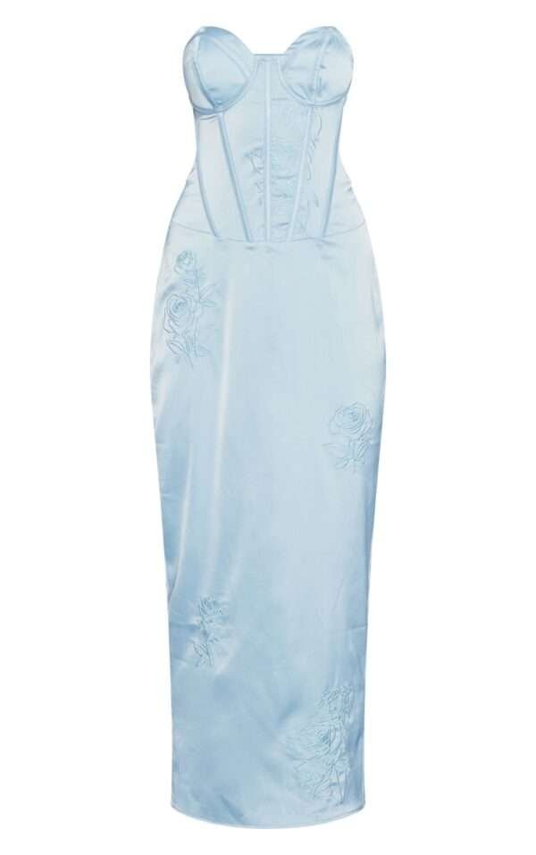 Satin bustier dusty blue embroidered maxi corset dress womencorset.com