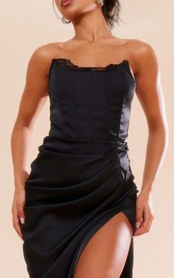 Satin bustier black corset dress draped Trim Corset Midi gownwomencorset.com