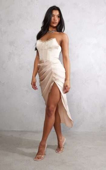 Satin bustier Champagne corset dress midi womencorset.com