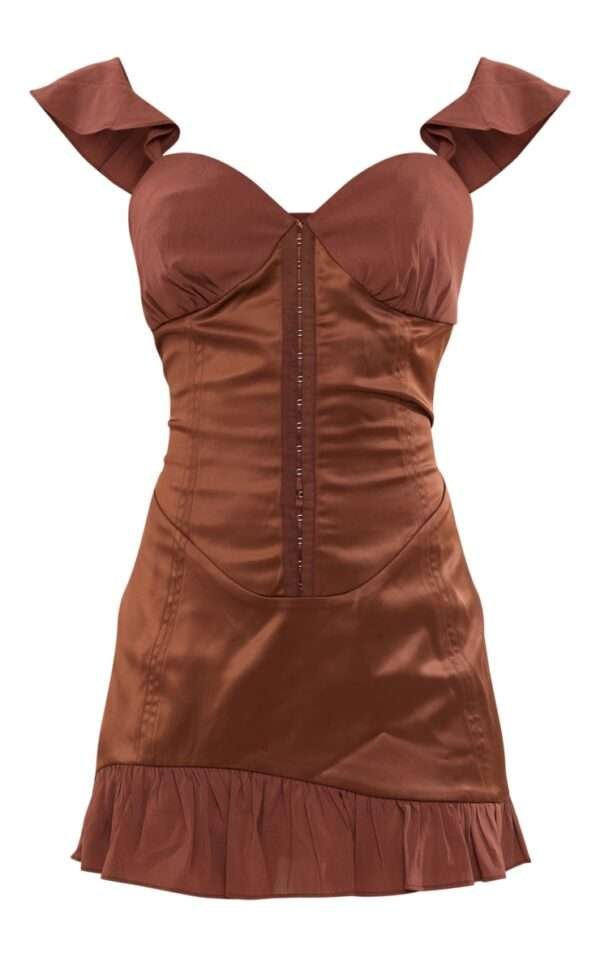 Choclate satin bustier Mesh Frill Detail Mini Corset Dress womencorset.com