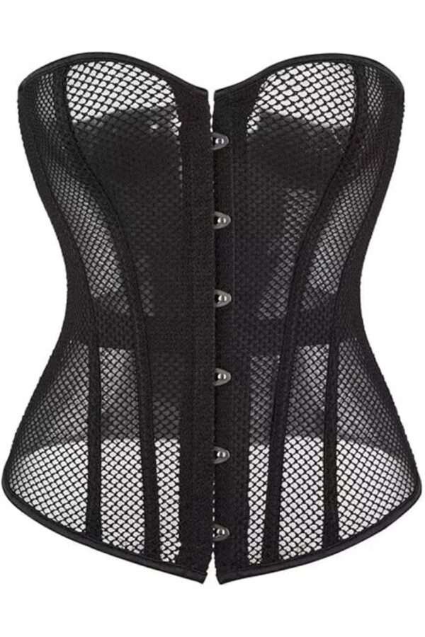 Black Corset Top Mesh Boned Overbust Waist Trainer womencorset.com