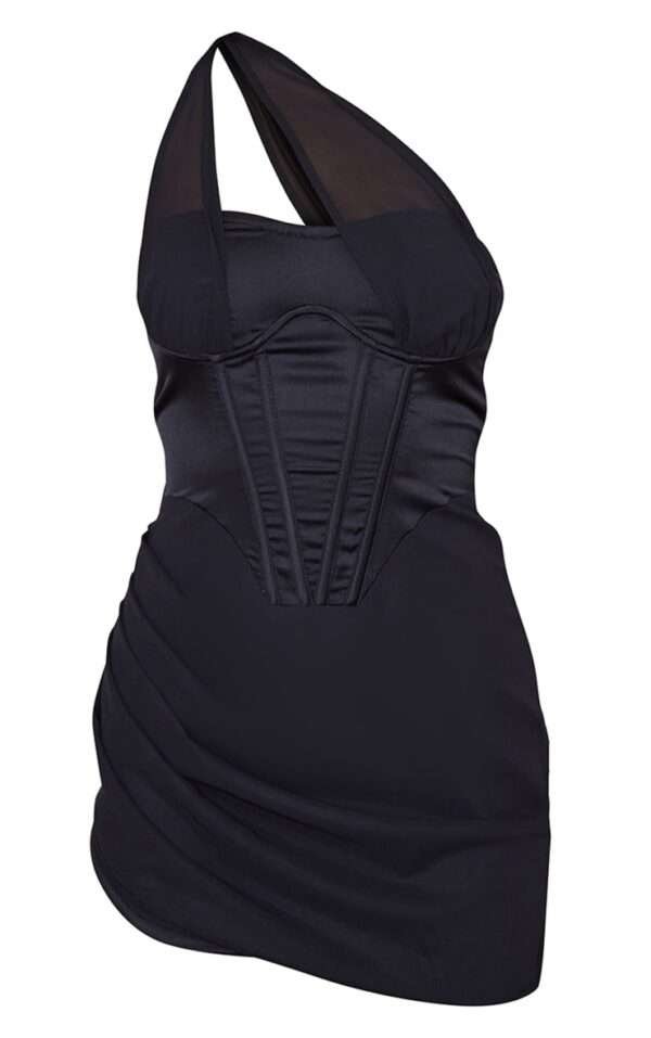 Satin Bustier Mesh Strap Detail Bodycon Corset Dress womencorset.com