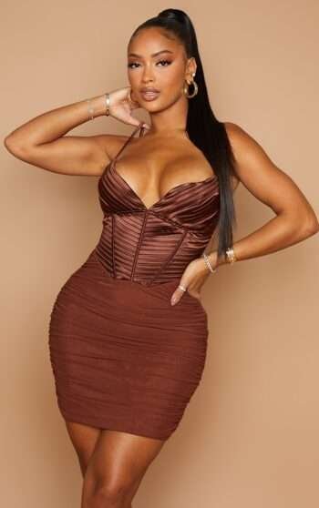 Satin Bustier Chocolate Pleat Detail bustier Bodycon Corset Dress womencorset.com