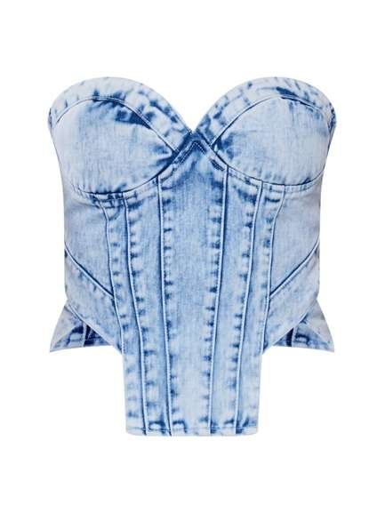 Acid Wash Seam Detail Strapless Denim Corset Top womencorset.com