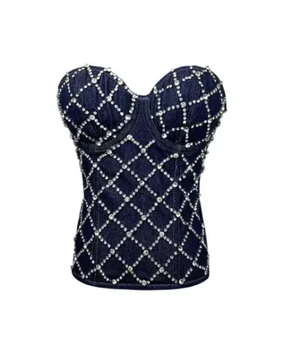 Rhinestone Strapless Overbust Denim corset top womencorset.com
