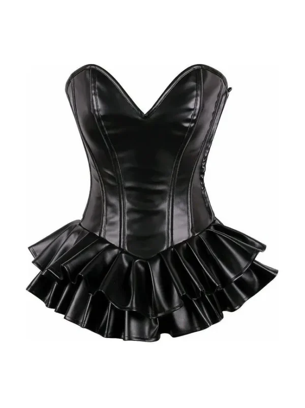 Black Faux Leather Steel Boned Mini Corset Dress womencorset.com