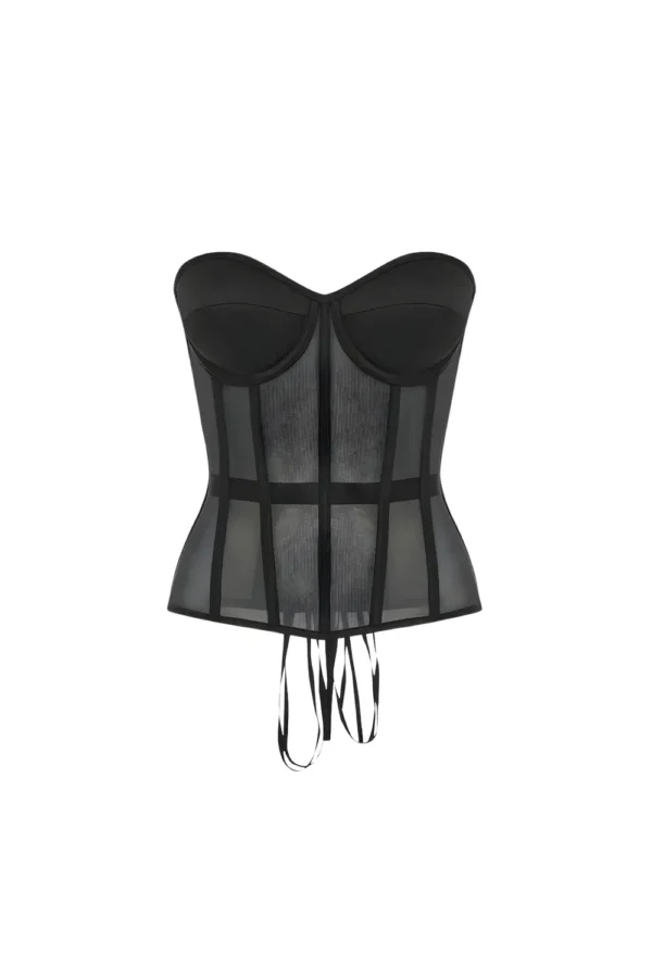 Black Satin Cups mesh fabric corset top womencorset.com