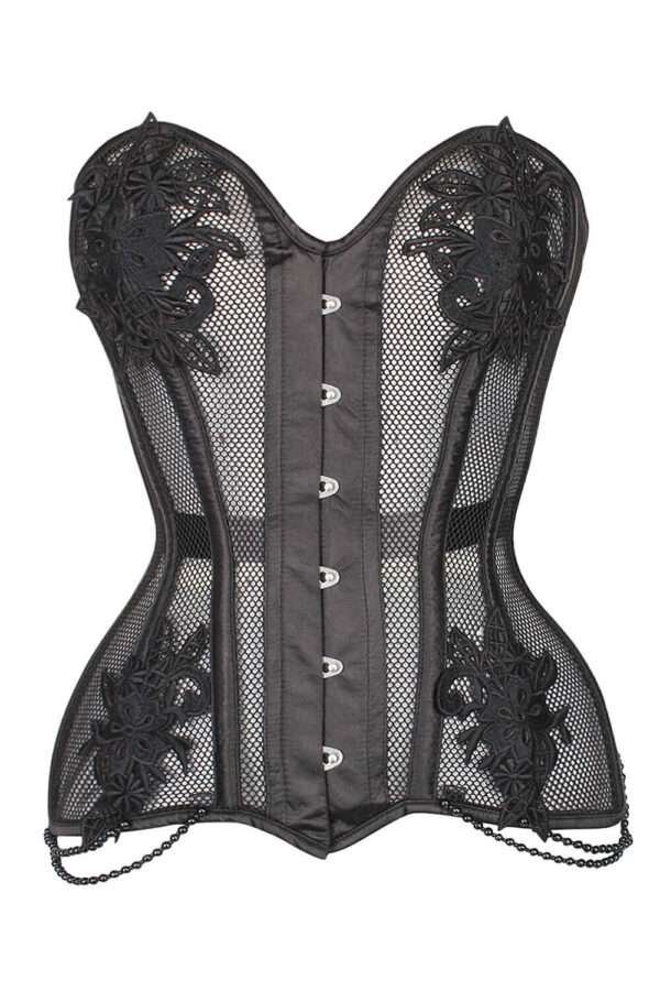 Black Mesh And Lace Motif Waist Trainer Overbust Mesh Corset